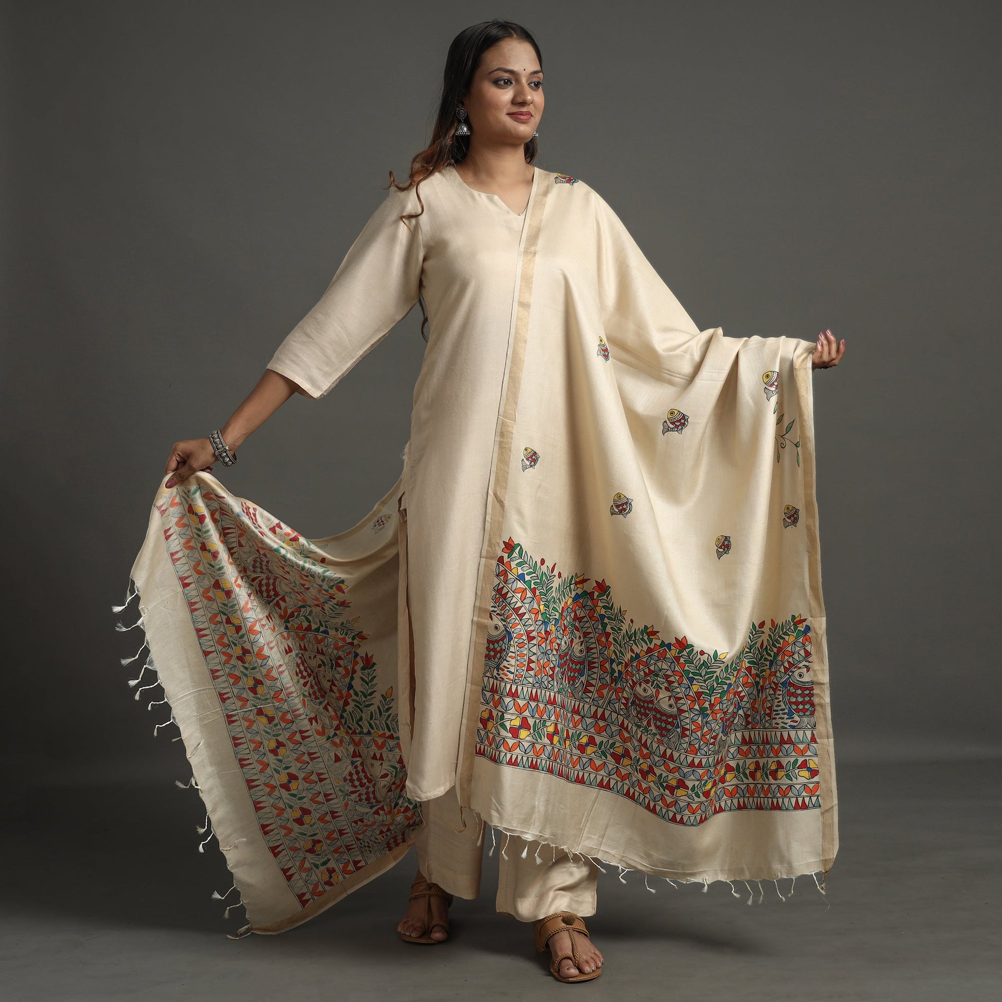 Beige - Handpainted Tussar Cotton Handloom Madhubani Dupatta 08