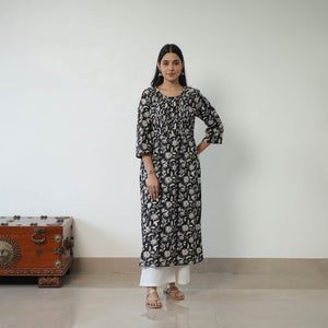 Black - Jaipur Printed Cotton Pintuck Long Straight Kurta