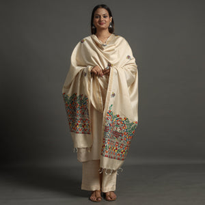 Beige - Handpainted Tussar Cotton Handloom Madhubani Dupatta 08