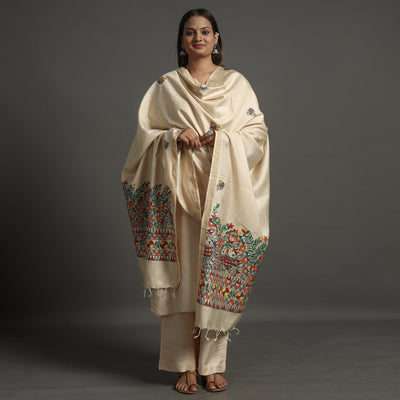 Beige - Handpainted Tussar Cotton Handloom Madhubani Dupatta 08