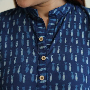 Blue - Akola Block Printed Cotton Long Straight Kurta