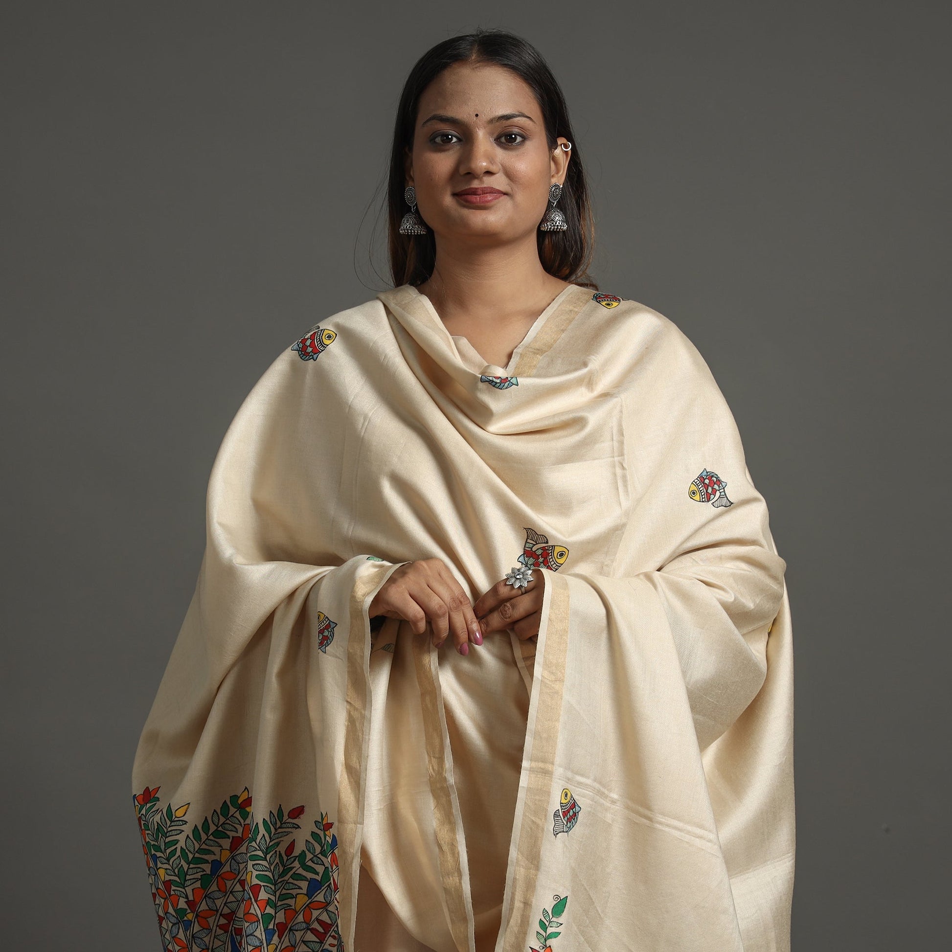 Beige - Handpainted Tussar Cotton Handloom Madhubani Dupatta 08