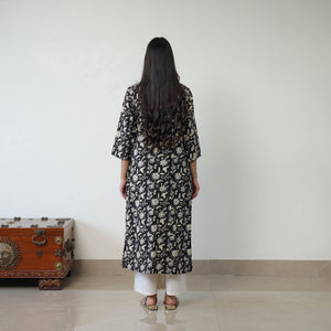 Black - Jaipur Printed Cotton Pintuck Long Straight Kurta