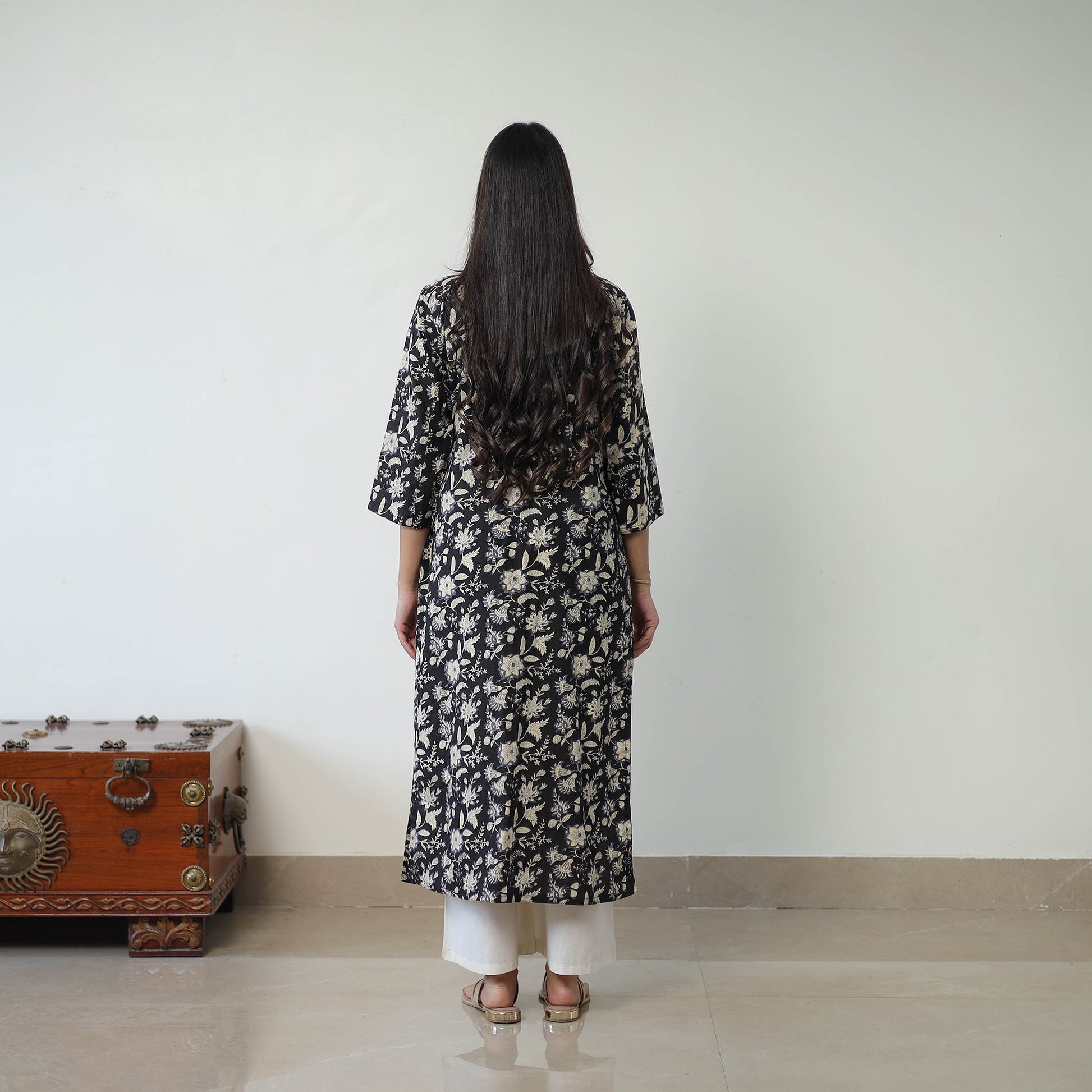 Black - Jaipur Printed Cotton Pintuck Long Straight Kurta