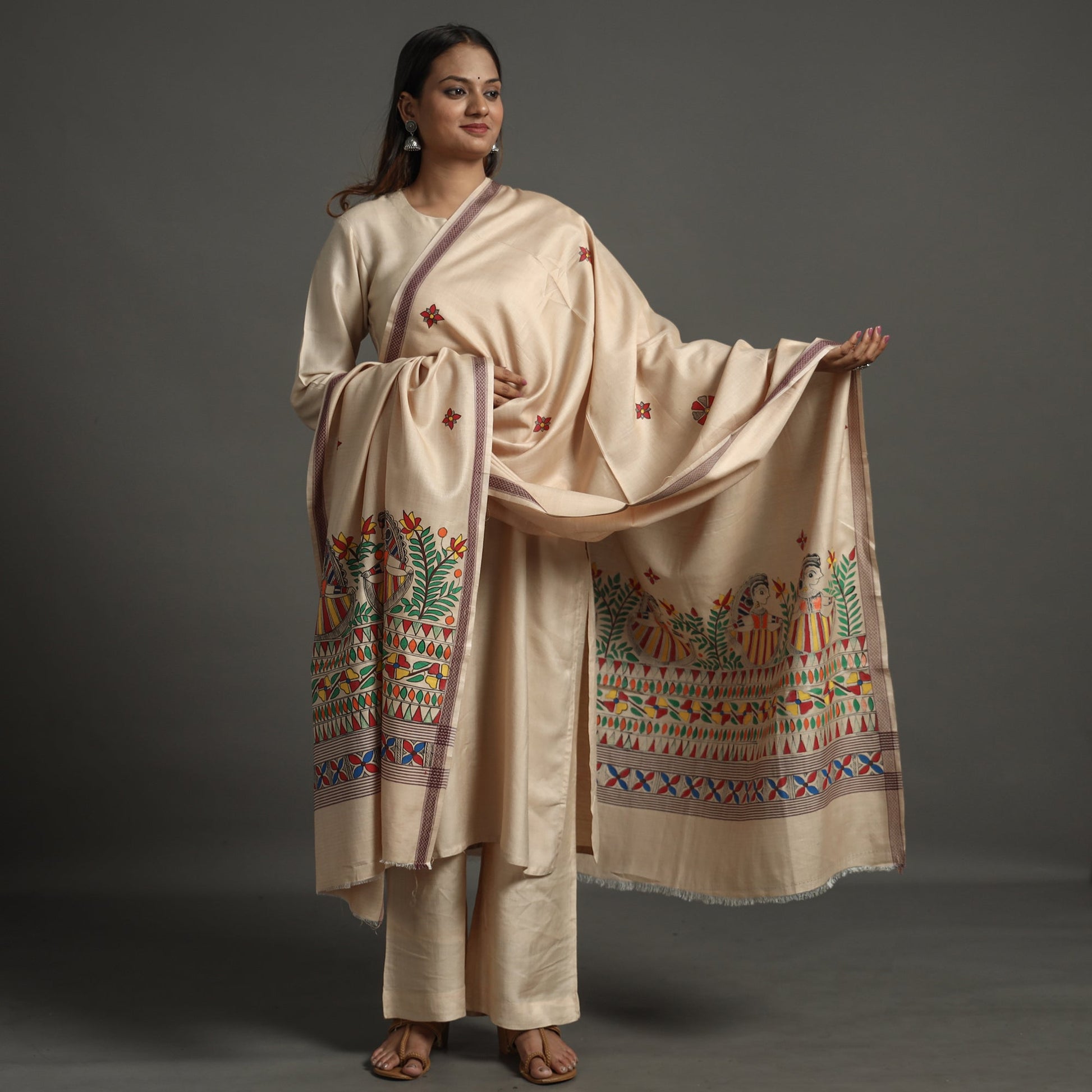 Beige - Madhubani Handpainted Tussar Cotton Handloom Dupatta 09