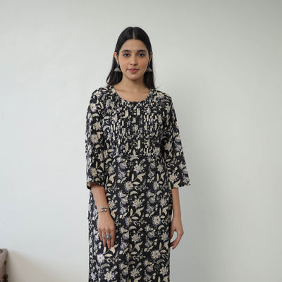 Black - Jaipur Printed Cotton Pintuck Long Straight Kurta