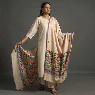 Beige - Madhubani Handpainted Tussar Cotton Handloom Dupatta 09