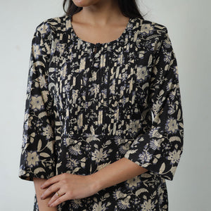 Black - Jaipur Printed Cotton Pintuck Long Straight Kurta