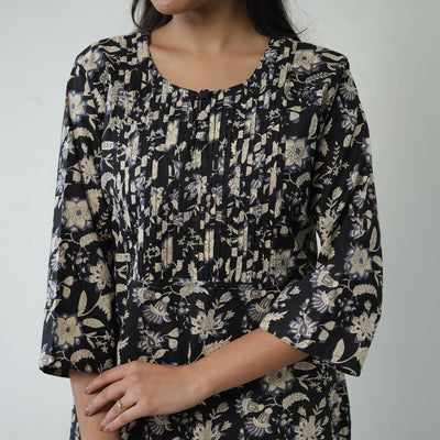 Black - Jaipur Printed Cotton Pintuck Long Straight Kurta