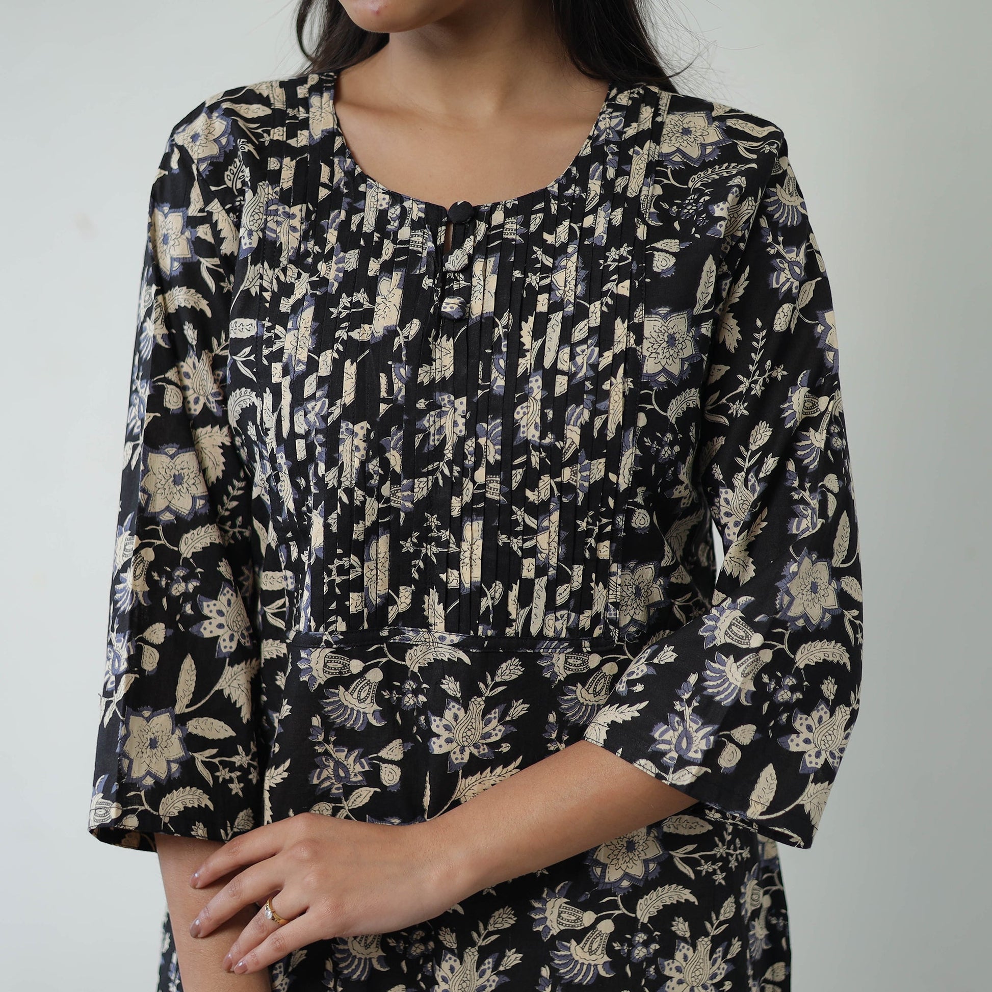 Black - Jaipur Printed Cotton Pintuck Long Straight Kurta