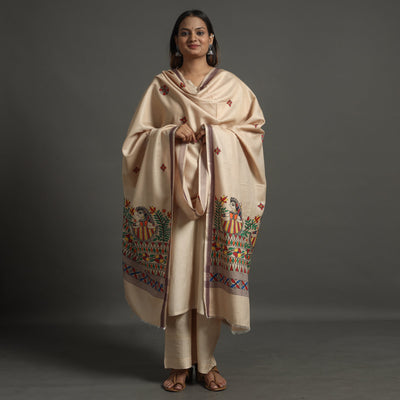 Beige - Madhubani Handpainted Tussar Cotton Handloom Dupatta 09