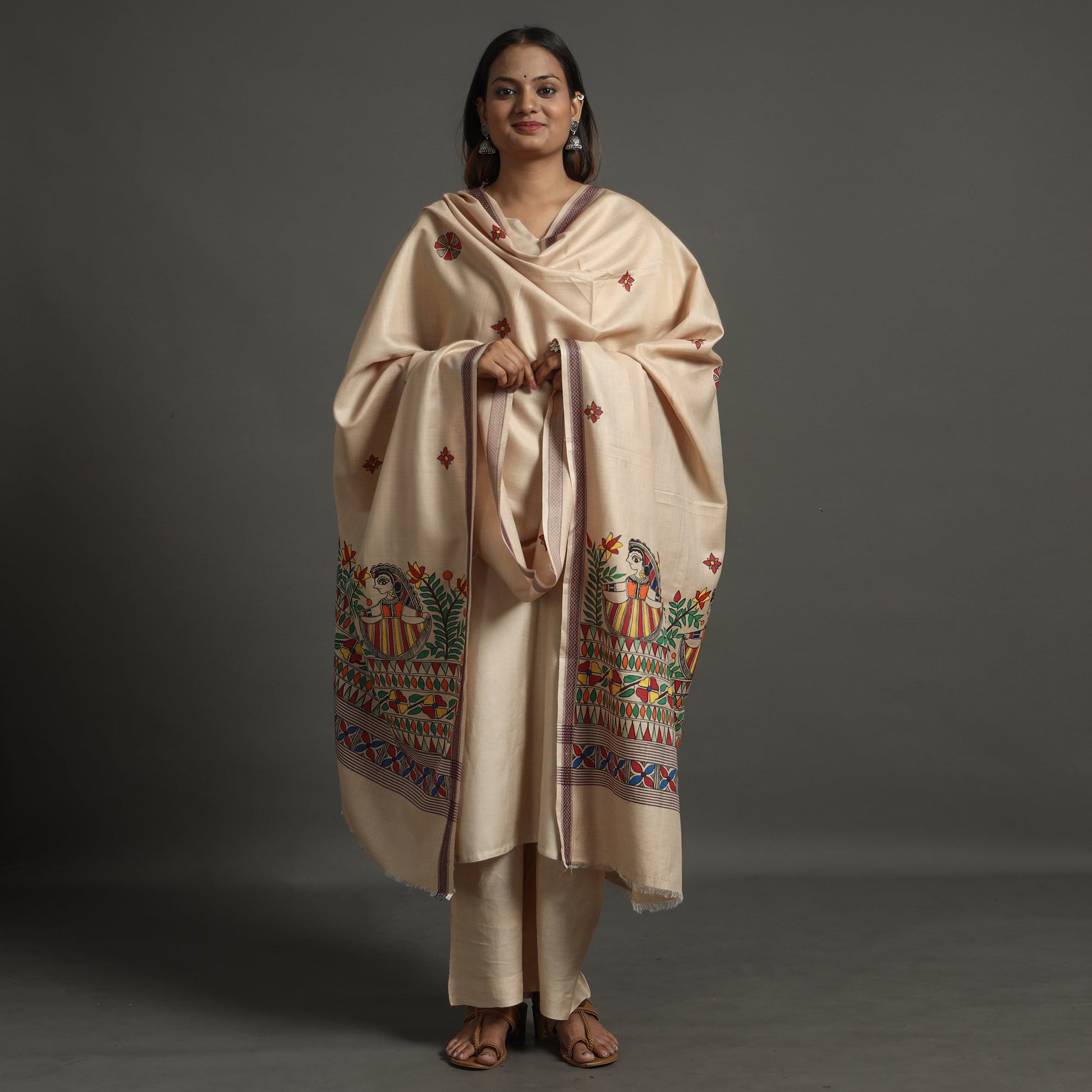 Beige - Madhubani Handpainted Tussar Cotton Handloom Dupatta 09