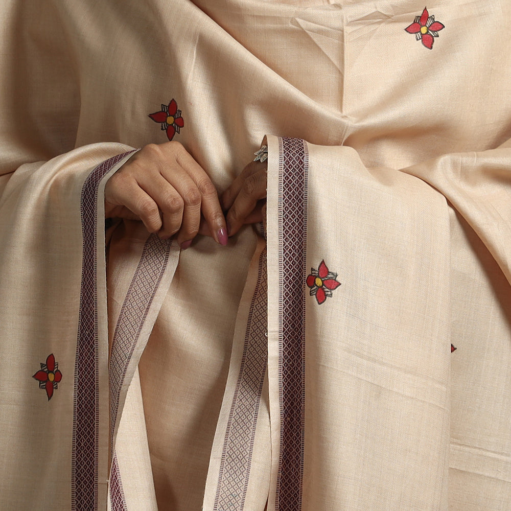 Beige - Madhubani Handpainted Tussar Cotton Handloom Dupatta 09