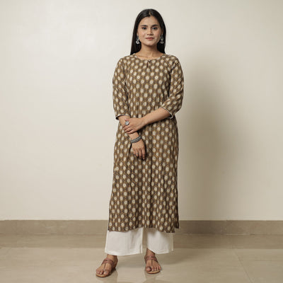 Brown - Akola Hand Block Printed Cotton Long Straight Kurta 09
