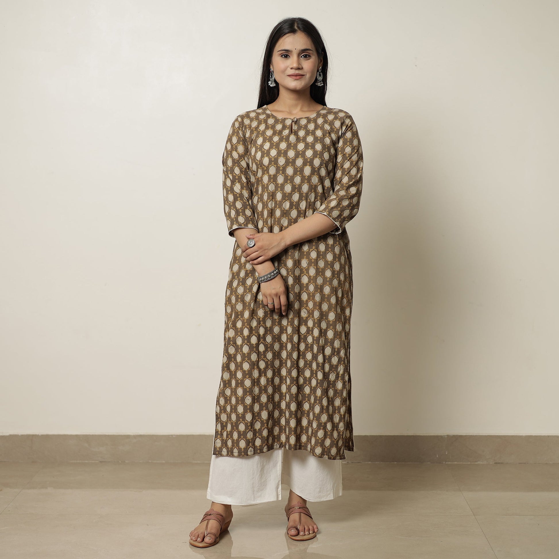 Brown - Akola Hand Block Printed Cotton Long Straight Kurta 09