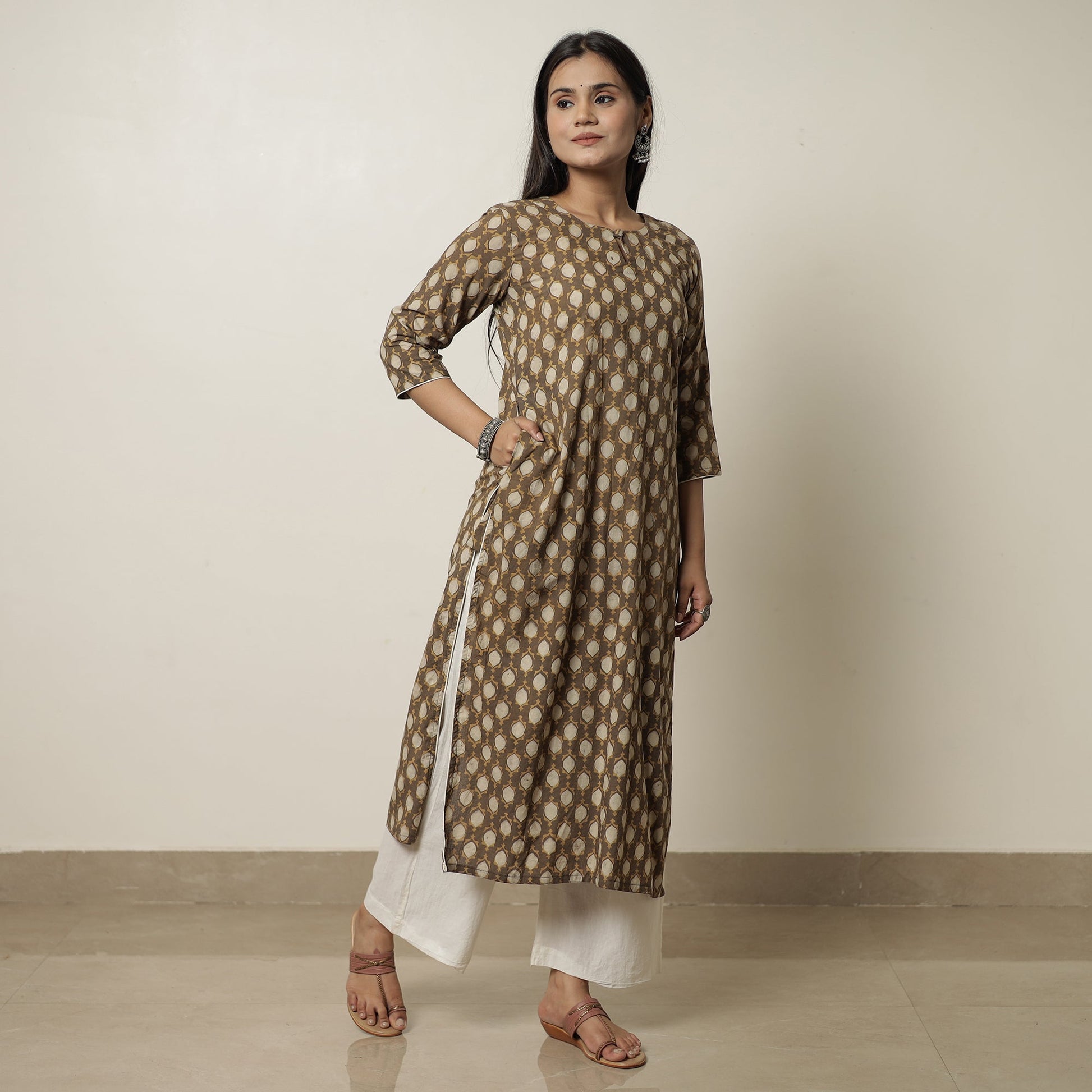 Brown - Akola Hand Block Printed Cotton Long Straight Kurta 09