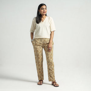 Beige - Kalamkari Block Printed Cotton Elasticated Pant
