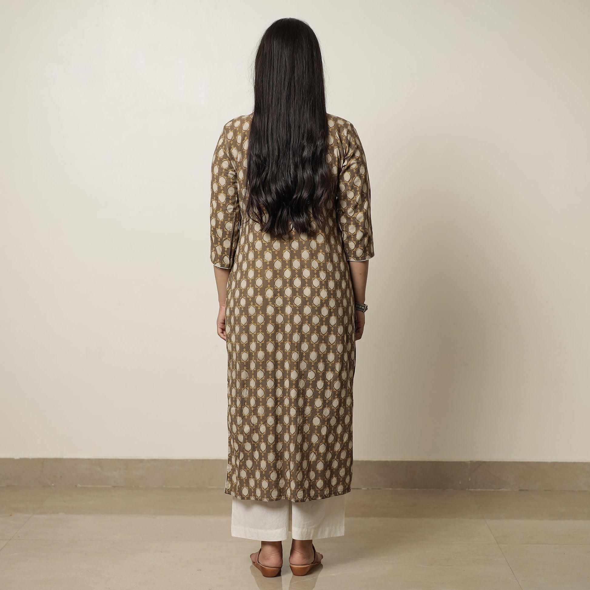 Brown - Akola Hand Block Printed Cotton Long Straight Kurta 09