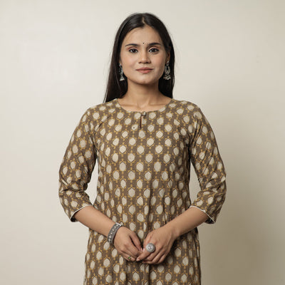 Brown - Akola Hand Block Printed Cotton Long Straight Kurta 09