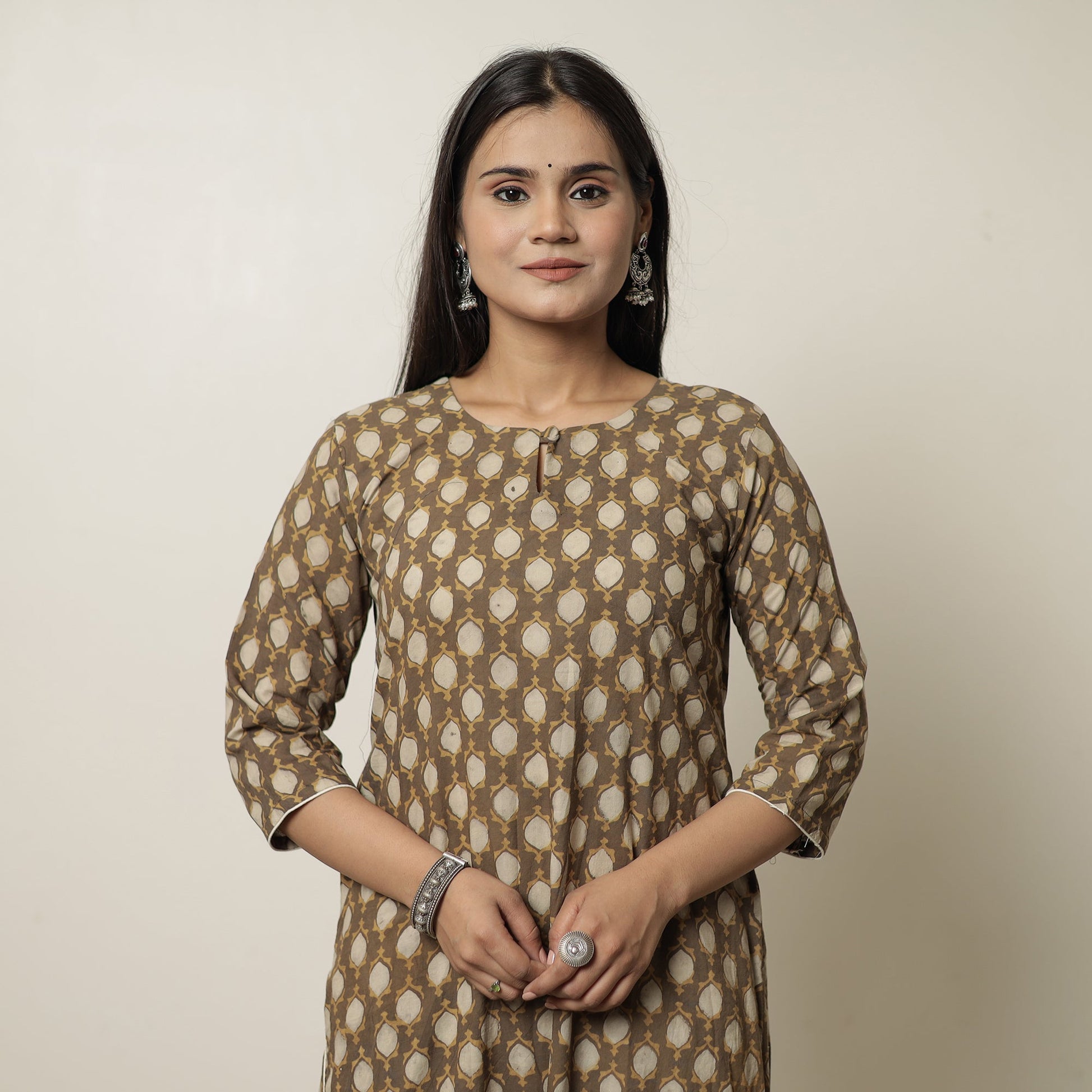 Brown - Akola Hand Block Printed Cotton Long Straight Kurta 09