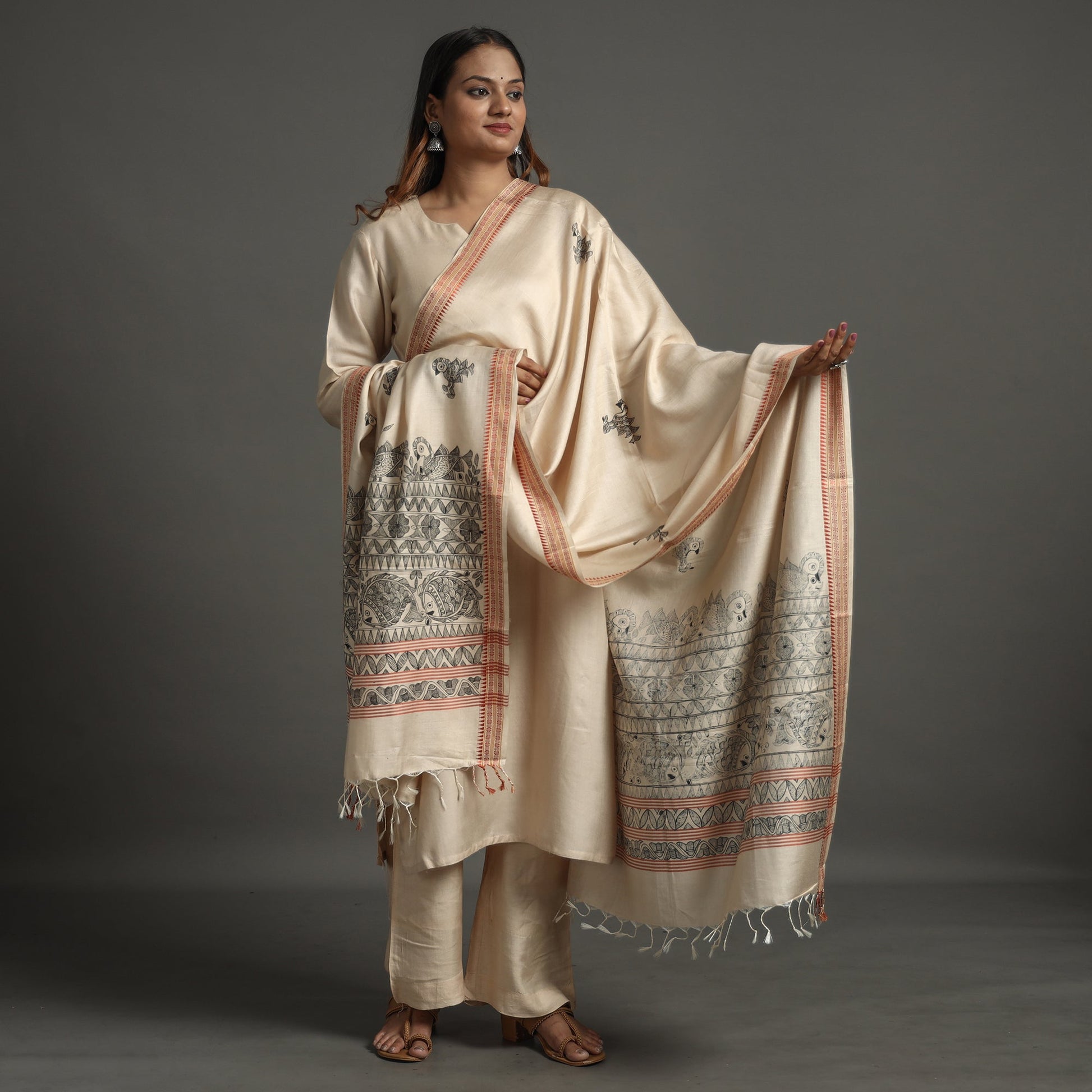 Beige - Madhubani Handpainted Tussar Cotton Handloom Dupatta 11