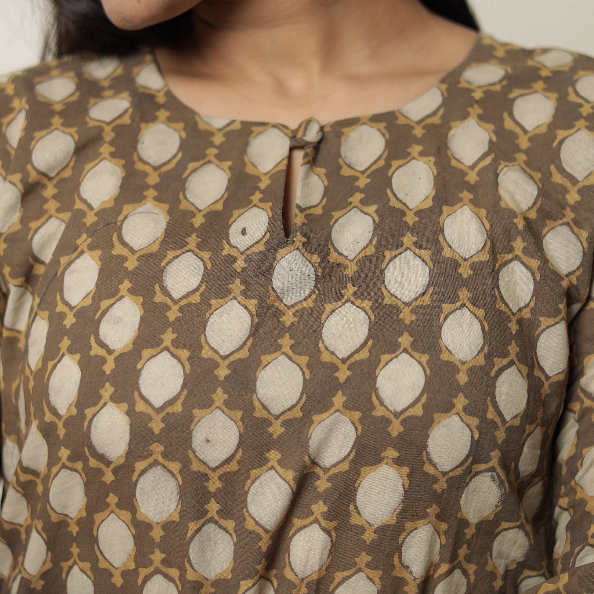 Brown - Akola Hand Block Printed Cotton Long Straight Kurta 09