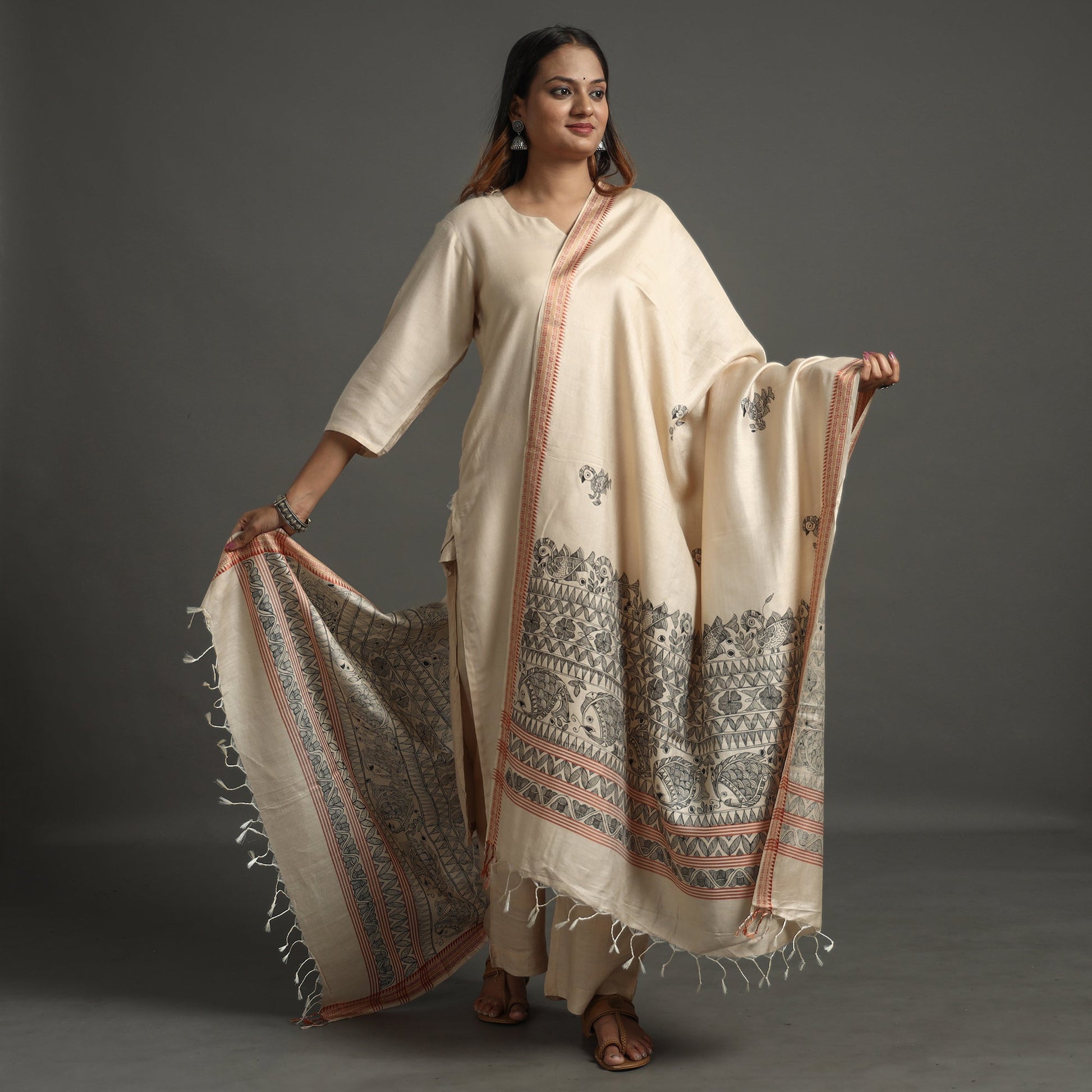 Beige - Madhubani Handpainted Tussar Cotton Handloom Dupatta 11