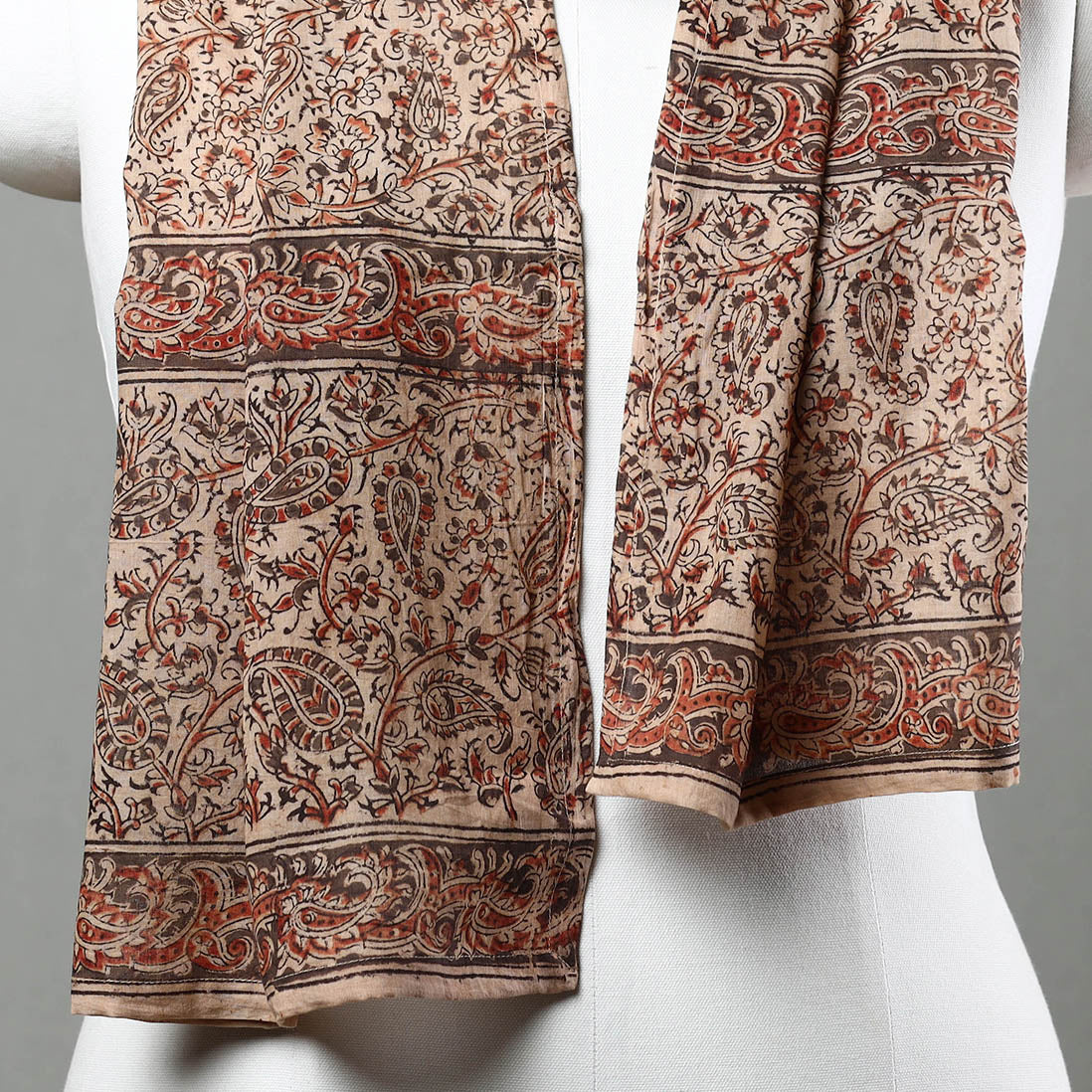Beige - Pedana Kalamkari Block Printed Natural Dyed Cotton Stole 03