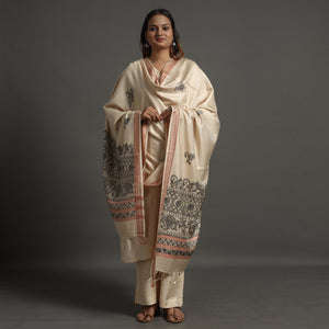 Beige - Madhubani Handpainted Tussar Cotton Handloom Dupatta 11