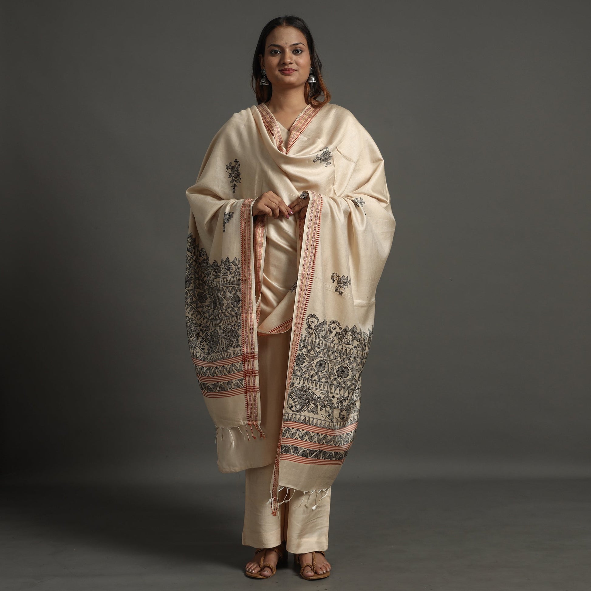 Beige - Madhubani Handpainted Tussar Cotton Handloom Dupatta 11