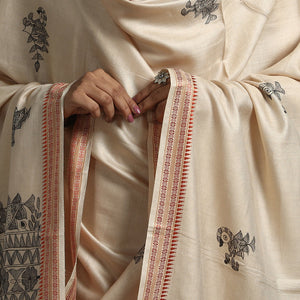 Beige - Madhubani Handpainted Tussar Cotton Handloom Dupatta 11