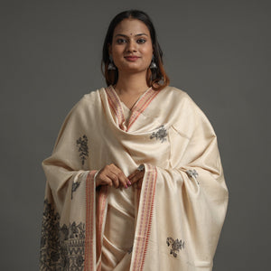 Beige - Madhubani Handpainted Tussar Cotton Handloom Dupatta 11