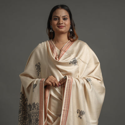 Beige - Madhubani Handpainted Tussar Cotton Handloom Dupatta 11