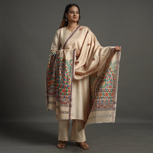 Beige - Madhubani Handpainted Tussar Cotton Handloom Dupatta 12