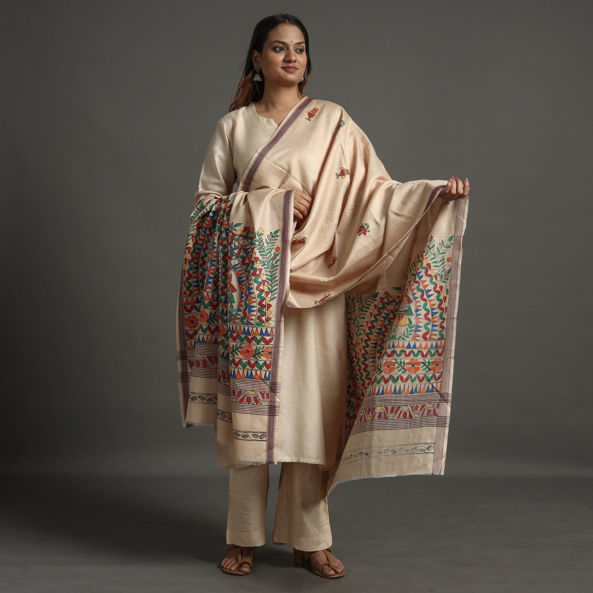 Beige - Madhubani Handpainted Tussar Cotton Handloom Dupatta 12