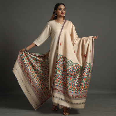 Beige - Madhubani Handpainted Tussar Cotton Handloom Dupatta 12