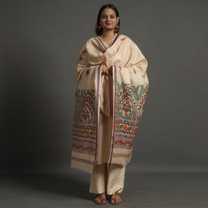 Beige - Madhubani Handpainted Tussar Cotton Handloom Dupatta 12