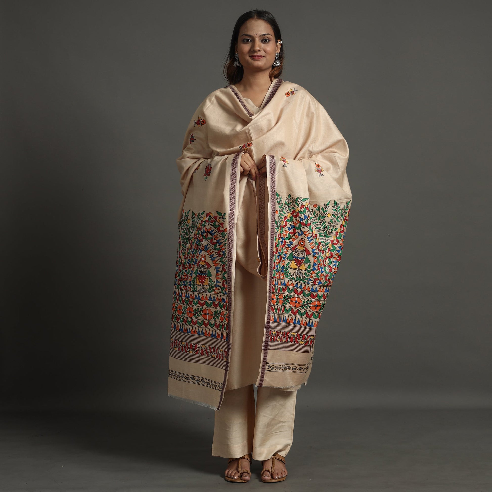 Beige - Madhubani Handpainted Tussar Cotton Handloom Dupatta 12