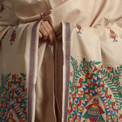 Beige - Madhubani Handpainted Tussar Cotton Handloom Dupatta 12