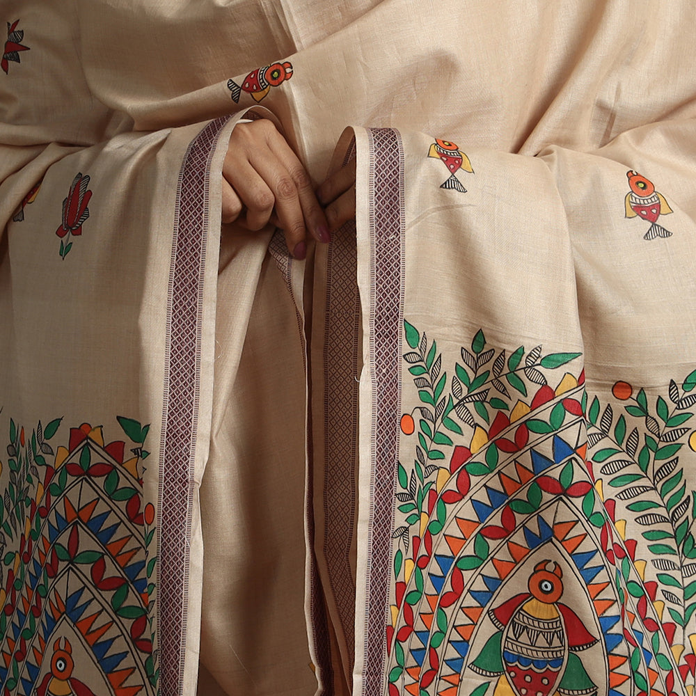 Beige - Madhubani Handpainted Tussar Cotton Handloom Dupatta 12