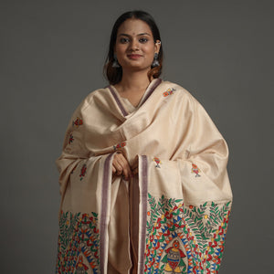 Beige - Madhubani Handpainted Tussar Cotton Handloom Dupatta 12