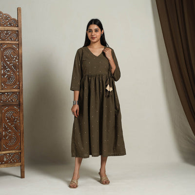Brown - Flared Cotton Angrakha Jacquard Dress 14