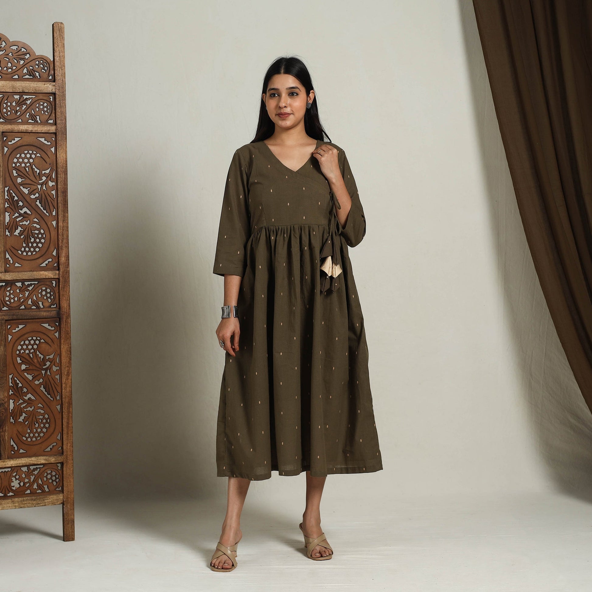 Brown - Flared Cotton Angrakha Jacquard Dress 14