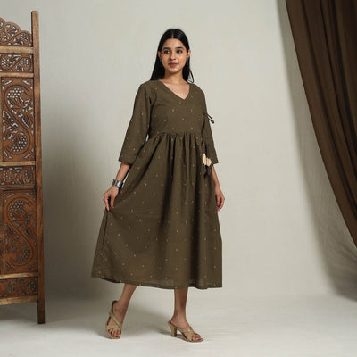 Brown - Flared Cotton Angrakha Jacquard Dress 14