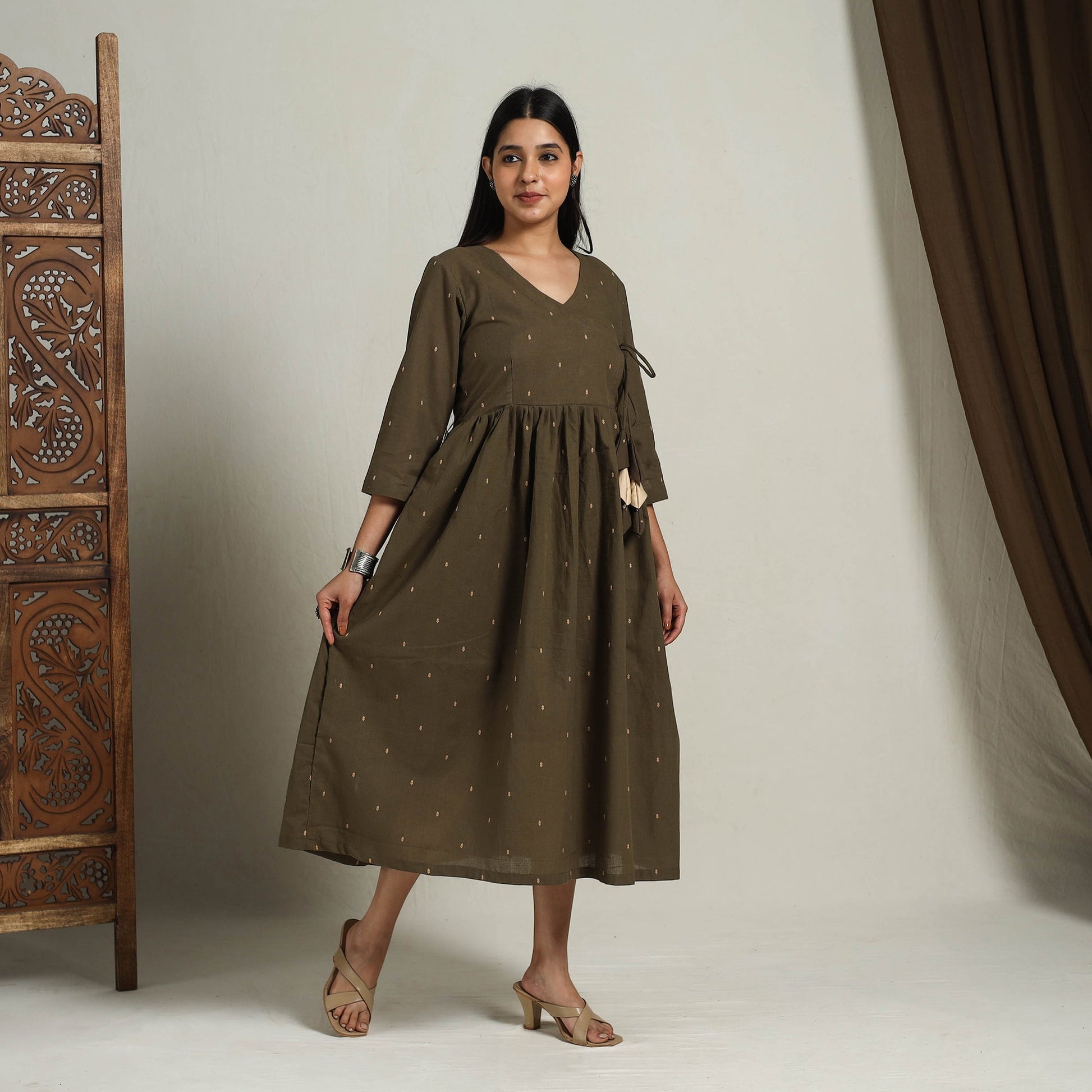 Brown - Flared Cotton Angrakha Jacquard Dress 14