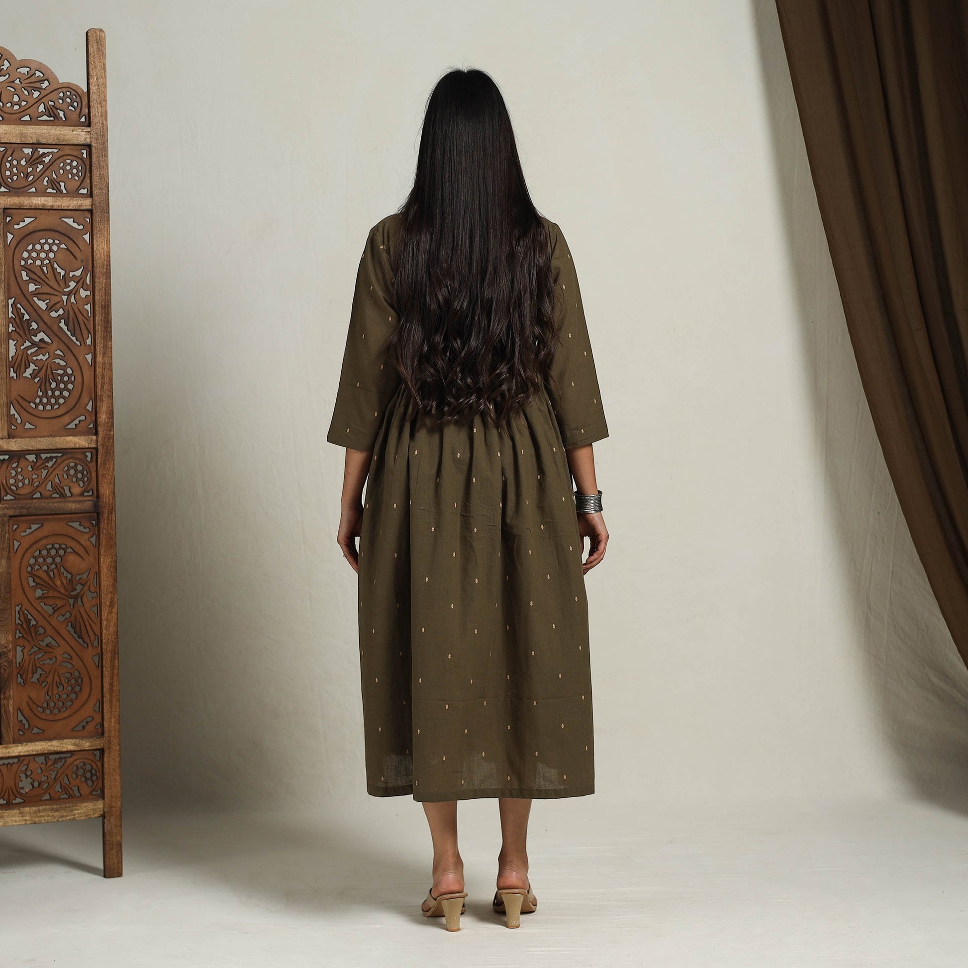 Brown - Flared Cotton Angrakha Jacquard Dress 14