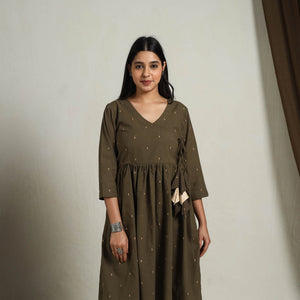 Brown - Flared Cotton Angrakha Jacquard Dress 14