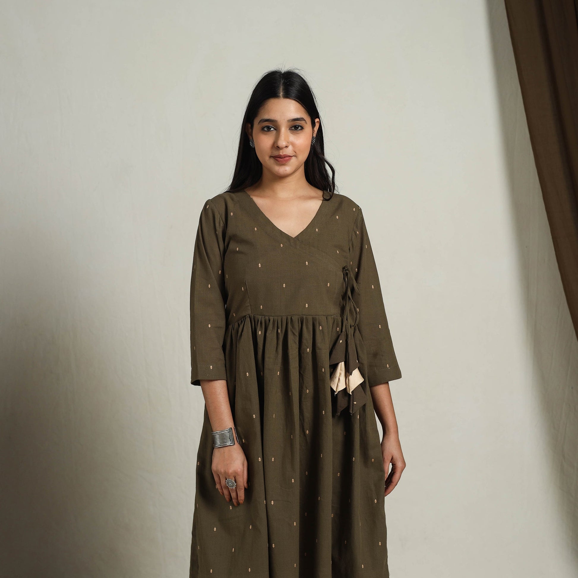 Brown - Flared Cotton Angrakha Jacquard Dress 14