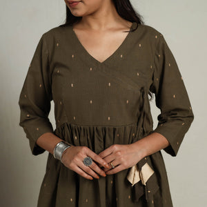 Brown - Flared Cotton Angrakha Jacquard Dress 14