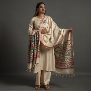 Beige - Madhubani Handpainted Tussar Cotton Handloom Dupatta 14